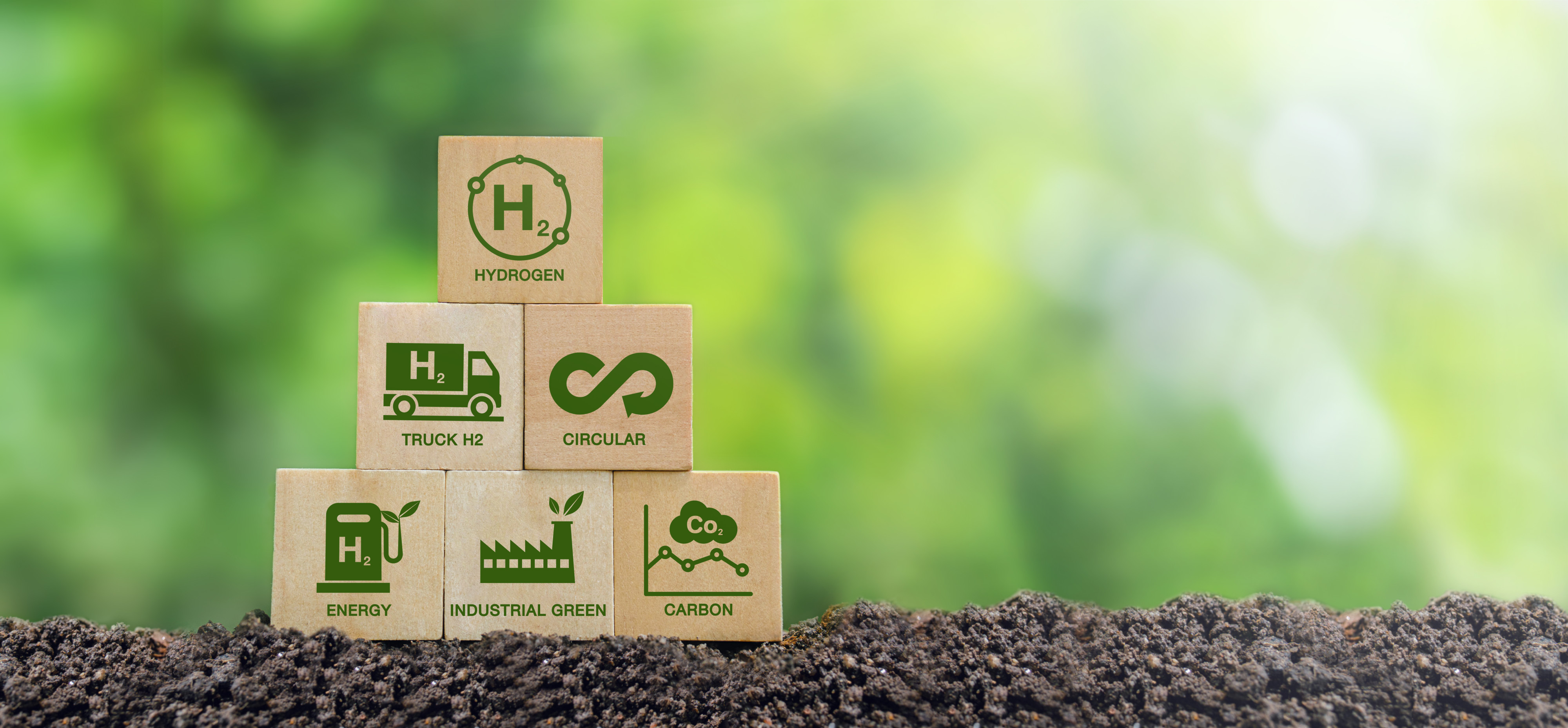 natuuromgeving met houten blokjes met symbolen rond ecologie