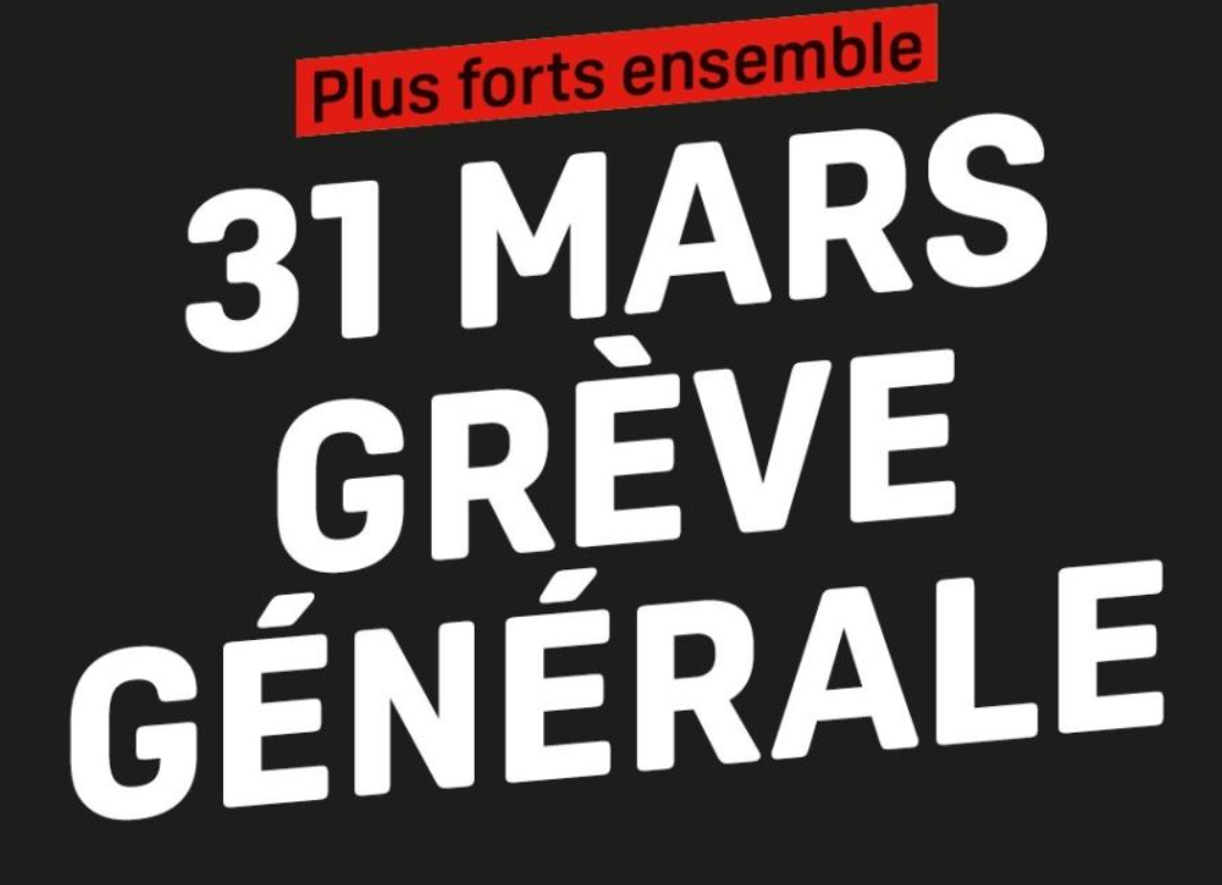 image noire avec texte blanc "31 mars grève nationale"