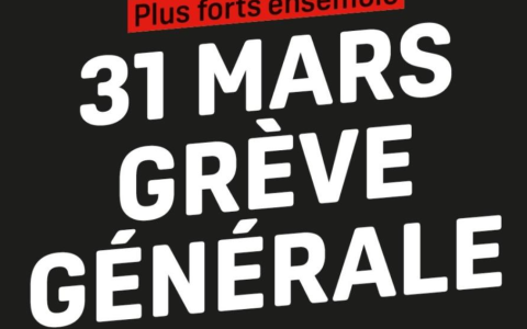image noire avec texte blanc "31 mars grève nationale"